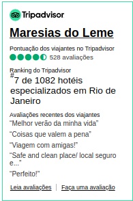 Avaliação do Tripadvisor do Hostel Maresias do Leme no Rio de Janeiro e comentários como "Melhor verão da minha vida" e "Lugar seguro e limpo".